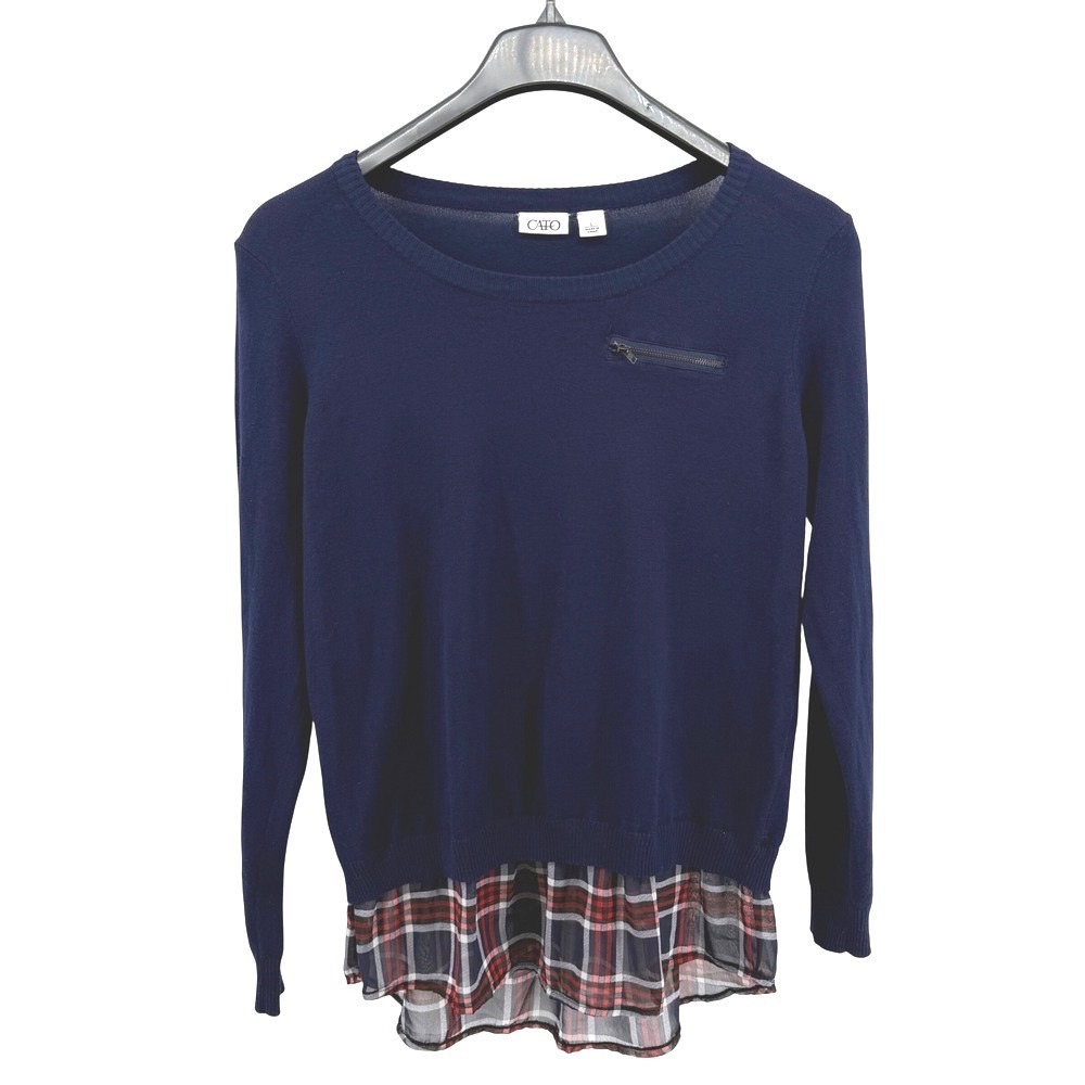 Cato Mixed Media Sweater Womens Large Pre-Owned Blue Plaid Layered Faux Pocket